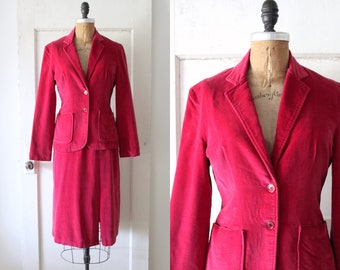 Vintage 1970s Pink Velvet Suit / 70s Velvet Blazer and Skirt Suit Set / The Branch Suit