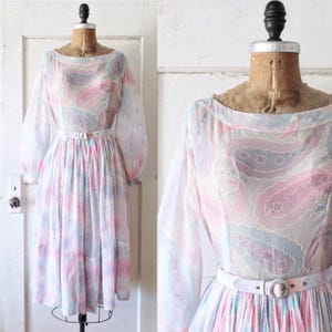 Vintage 1950s Pastel Chiffon Dress / 50s Ethereal Sheer Chiffon Dress with Belt / Cloud Gazing Dress