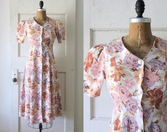 Vintage 1990s Floral Rayon Dress / 90s Pastel Pink Floral Print Tea Dress / Tea For Two Dress
