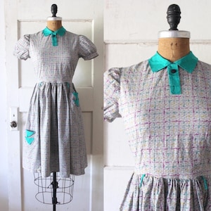 Vintage 1930s Grey and Pastel Print Dress / 30s Cotton Feedsack Dress / Princess Pat Dress
