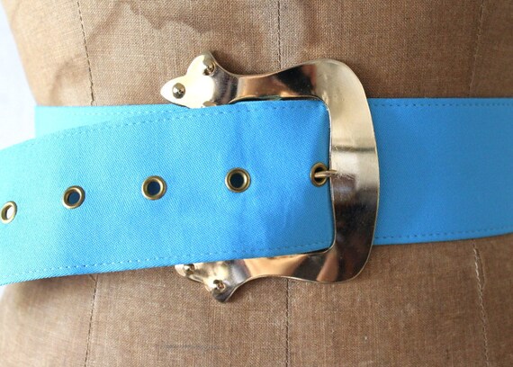 Vintage 1980s Blue Fabric Belt with Metal Buckle … - image 2