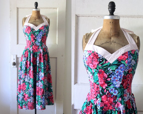 Vintage 1980s Floral Print Halter Dress / 1950s St