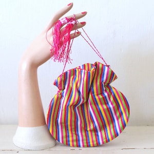 Vintage 1960s Striped Silk Drawstring Purse / 60s Candy Colored Fabric Purse / Gumball Purse