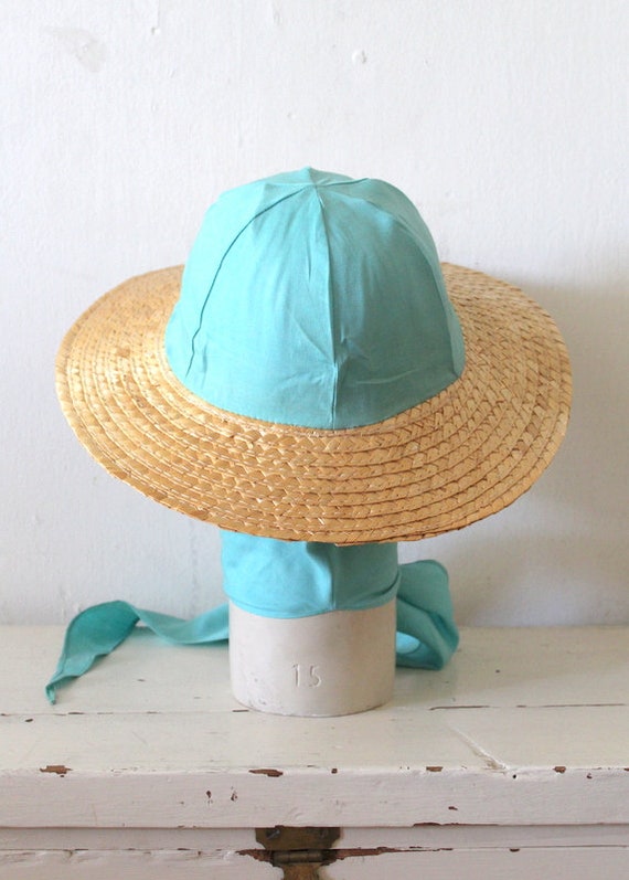 Vintage 1960s Turquoise Fabric & Straw Hat / 1950… - image 4