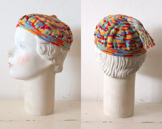 Vintage 1930s Rainbow Crochet Hat / 30s Cotton Cro