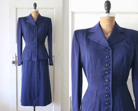 Vintage 1940s Navy Gabardine Suit / 40s Deco Blaze