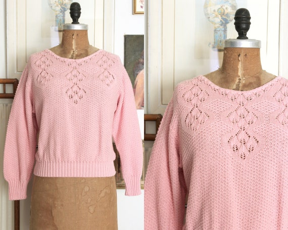 Vintage 1980s Pink Knit Sweater / 80s Baby Pink A… - image 1