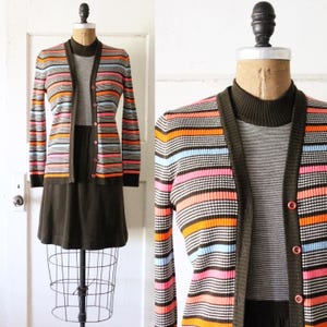 Vintage 1970s Knit Dress and Cardigan Set / 70s Striped Cardigan and Sweater Dress / Roncelli Dress Set