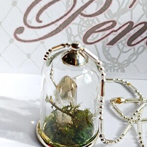 Può includere: Una collana con pendente in vetro trasparente con base e catena in metallo color argento. All'interno della cupola di vetro c'è un cristallo e muschio verde. Lo sfondo ha un motivo bianco e grigio con la parola "Pen" in corsivo.
