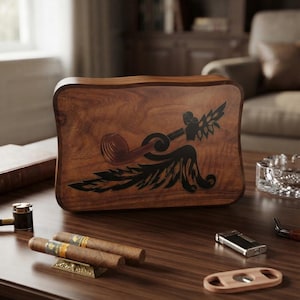 Op de afbeelding: Een rechthoekige houten humidor met een donkere houtnerfafwerking en een zwarte inleg van een tabakspijp en gestileerde bladeren op het voorpaneel. De humidor staat op een houten oppervlak naast twee sigaren op een standaard.