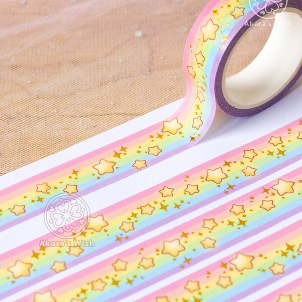 Foil Rainbow Washi Tape - 15 mm x 10 m Kawaii Sterne und Wolken - perfekt für Planer Bullet Journals Scrapbook Papier