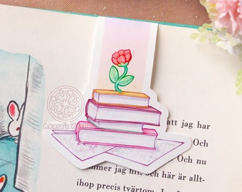 Magical Flower Magnetic Bookmark with book stack and papers perfect for book lovers