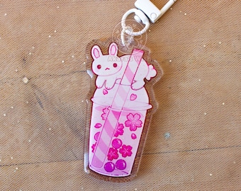 White bunny Boba drink epoxy Keychain 2.5 inch double-sided with glitter