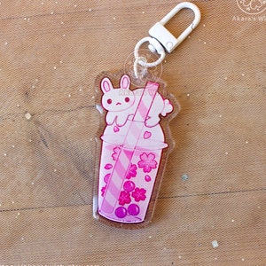 White bunny Boba drink epoxy Keychain 2.5 inch double-sided with glitter