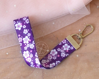 Purple Sakura Wristlet Lanyard | Kawaii pastel blossom short lanyard with silver clasp