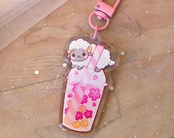 White sheep Boba drink epoxy Keychain 2.5 inch double-sided with glitter