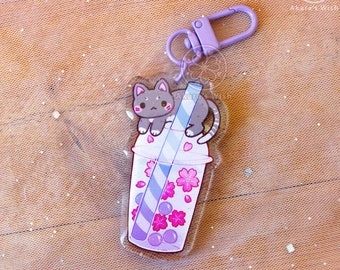 Black cat Boba drink epoxy Keychain 2.5 inch double-sided with glitter