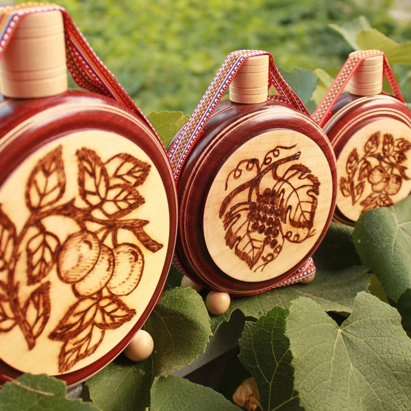 Flask Canteen Cuturica Sarajevo Sebilj Mostar Stari Most Plums Branch Grapevine Loza Bosnia Visokowood Handmade Wood Balkan Ethnic Folk Art