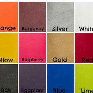 May include: A color chart with 12 different colors, including orange, yellow, black, burgundy, raspberry, eggplant, silver, gold, blue, white, red, and lime.