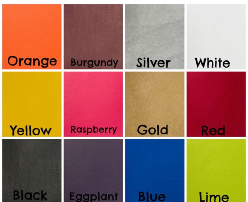 May include: A color chart with 12 different colors, including orange, yellow, black, burgundy, raspberry, eggplant, silver, gold, blue, white, red, and lime.