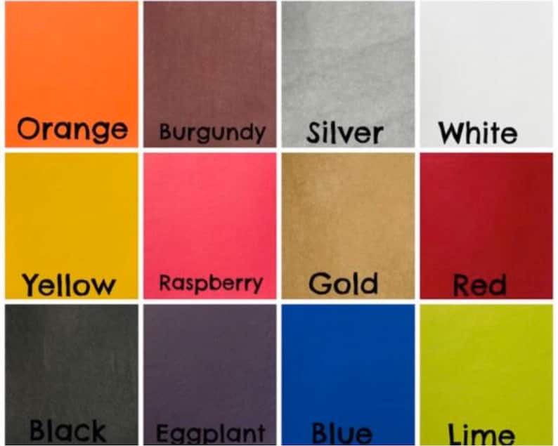 May include: A color chart with 12 fabric swatches. The swatches are labeled with the following colors: Orange, Burgundy, Silver, White, Yellow, Raspberry, Gold, Red, Black, Eggplant, Blue, and Lime.