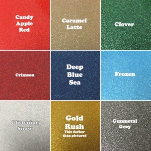 May include: Nine different colors of glitter, including Candy Apple Red, Caramel Latte, Clover, Crimson, Deep Blue Sea, Frozen, Glistening Snow, Gold Rush, and Gunmetal Grey.