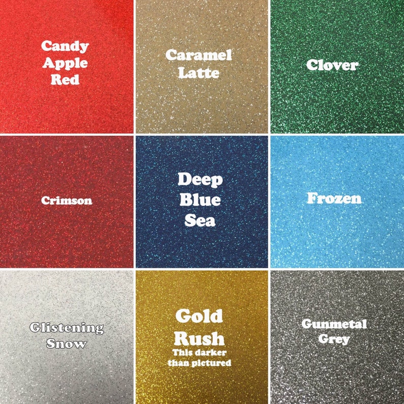 May include: Nine different colors of glitter, including Candy Apple Red, Caramel Latte, Clover, Crimson, Deep Blue Sea, Frozen, Glistening Snow, Gold Rush, and Gunmetal Grey.