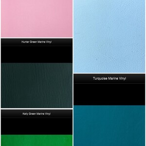 May include: A collage of five different colored vinyl samples. The colors are pink, sky blue, hunter green, kelly green, and turquoise.