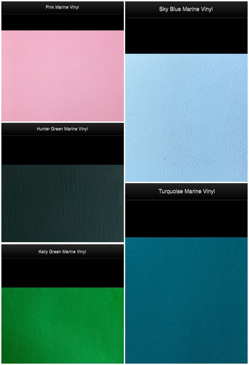 May include: A collage of five different colored vinyl samples. The colors are pink, sky blue, hunter green, kelly green, and turquoise.