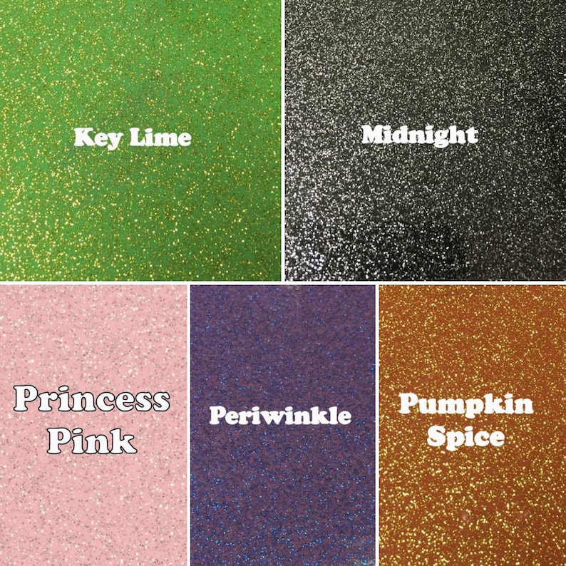 May include: Six samples of glitter in different colors: key lime green, midnight black, princess pink, periwinkle purple, pumpkin spice orange, and a sixth sample that is not labeled.