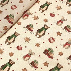 Christmas fabric bear and mouse on natural Oeko-Tex