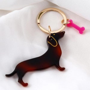 Keyring Dachshund & Bone brown/ pink dog pendant