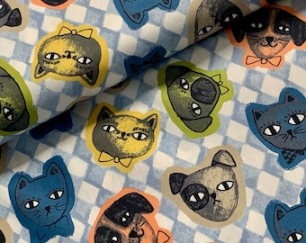 Fabric colorful dogs & cats on light blue check 100% cotton