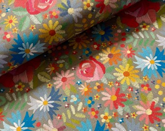 Stoff bunter Blumen-Print auf taupe-beige 100% Baumwolle