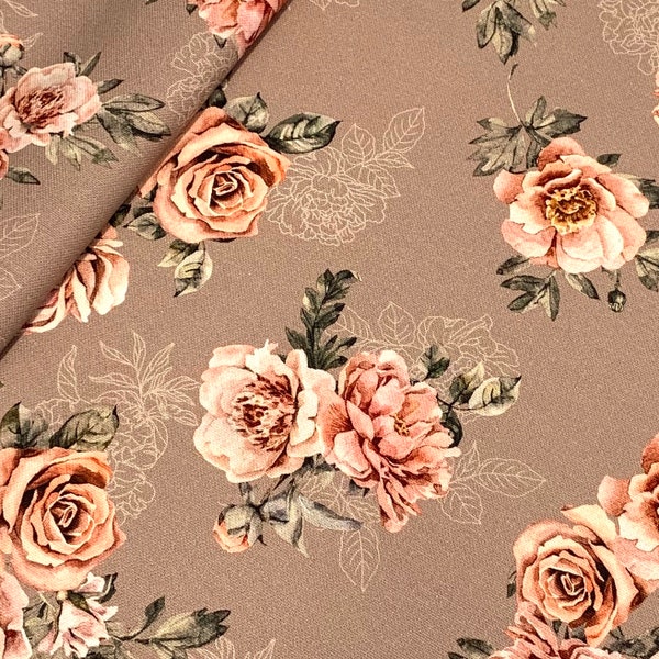 Dekostoff Rosen taupe Digitaldruck