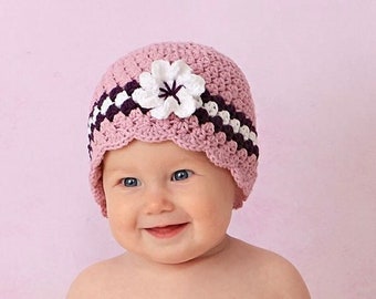 Easy Crochet Hat PATTERN, 10 Sizes, Newborn Baby Hat to Womens Cloche Hat Pattern with Bow, Flower and Scallop, Newborn through Adult Hat, 4