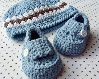 Crochet Baby Gift Set PATTERN, Baby Hat and Bootie Set, Crochet Baby Booties, Baby Set PATTERNS, Modern Crochet Baby Beanie and Loafers, 3