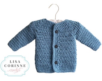May include: A light blue crocheted baby cardigan with three black buttons. The cardigan is hanging on a white hanger.