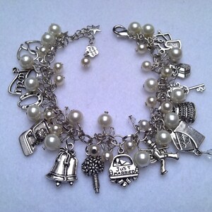 bridal theme charm bracelet,amazing wedding charms,silvertone,crystals & glass pearls