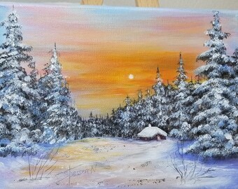 peinture hivernale couché soleil. sapins et neige, peinture acrylique, décoration murale 18x24 cm cadeau maison pièce unique et originale