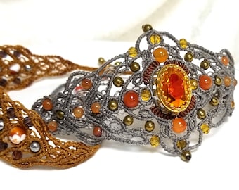 Crystal light macrame bracelet, with genuine carnelian - boho vintage chic - gift for her