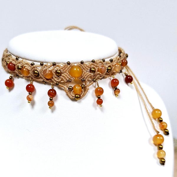 Sibyl necklace - macrame necklace with carnelians and hematites - gift for her - fantastic boho chic - chic necklace