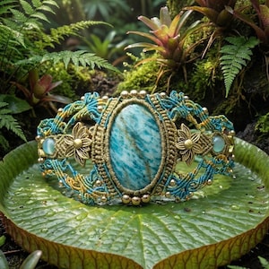 Può includere: Bracciale in macramè con una grande pietra ovale blu-verde al centro. Il bracciale presenta dettagli color oro, cordoncino in macramè turchese e oro e abbellimenti floreali. Il bracciale è esposto su una grande foglia verde, con un lussureggiante sfondo naturale.