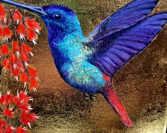 Peinture huile colibri, peinture animalière oiseaux, cadeau maison, peinture sur feuille métal dorée,  cadre caisse americaine , 20x20 cm