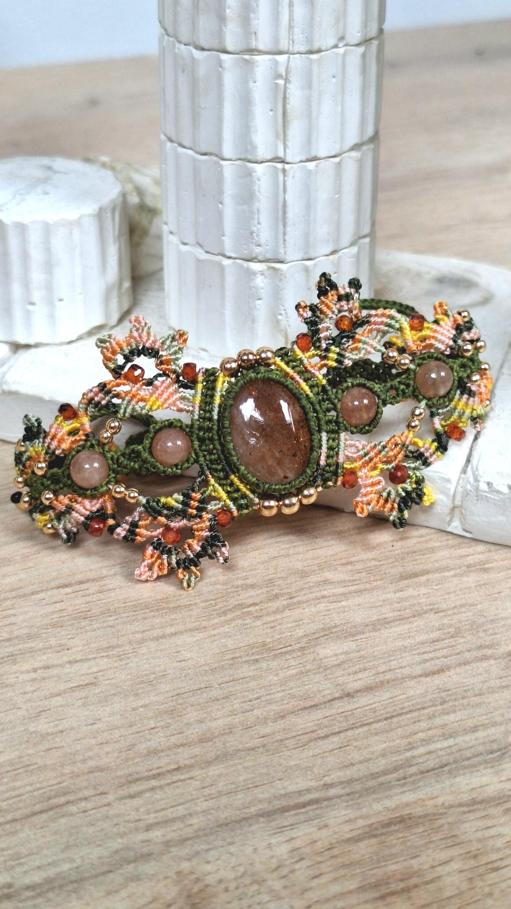 Solar Aura bright and colorful macrame bracelet inlaid with quartz and hematite. Gift for her. Boho chic floral fairytale.