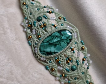 Très beau bracelet macramé Véritable Malachite verte, bracelet femme bohème hippie féerique elfique pièce originale unique