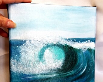 peinture Marine vagues acrylique , peinture murale signée, plage mer océan cadeau a offrir maison chambre salon bureau piece originale