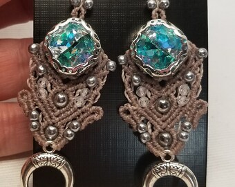 luminous blue crystal macramé earrings boho hippie gothic celtic
