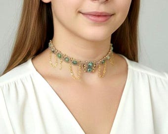 Fairy-tale choker necklace in green calcite, hematite and gold chains