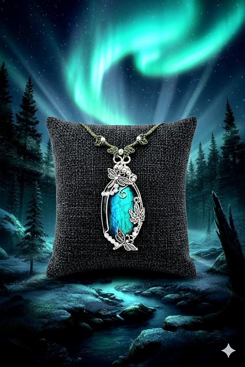 Collier Pendentif Talisman "La Dame Du Lac" - Labradorite Bleue, Libellule